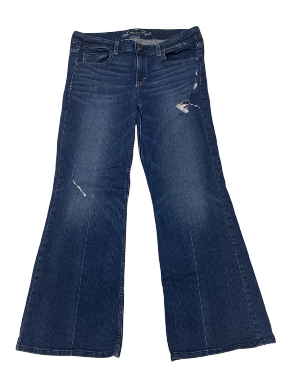 American Eagle Outfitters Hipster Flare Jeans Size 12 Distressed Dark Wash